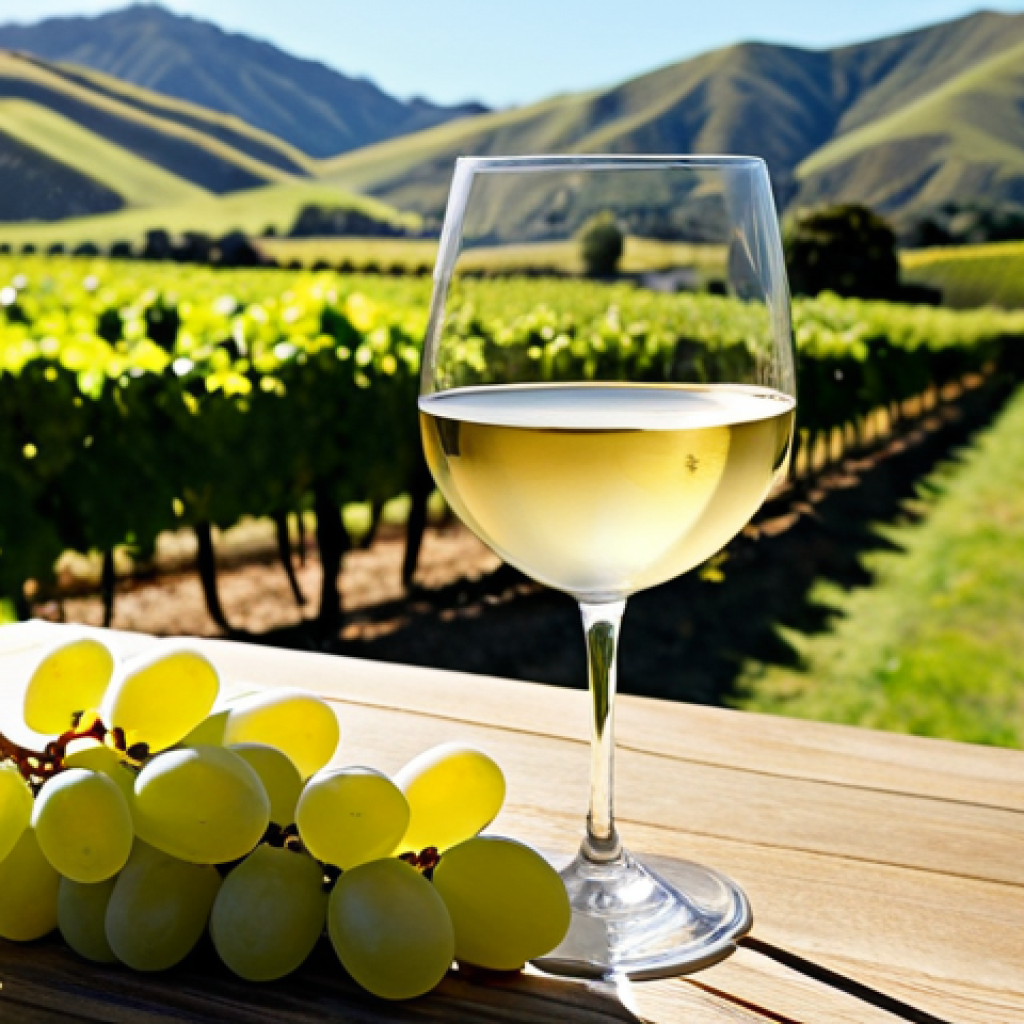 **

>A sun-drenched Marlborough vineyard, focusing on rows of Sauvignon Blanc grapes. In the background, rolling hills. A wine glass in the foreground catches the sunlight, hinting at the crisp, refreshing wine. The image should evoke the feeling of a bright, clean New Zealand landscape.

**