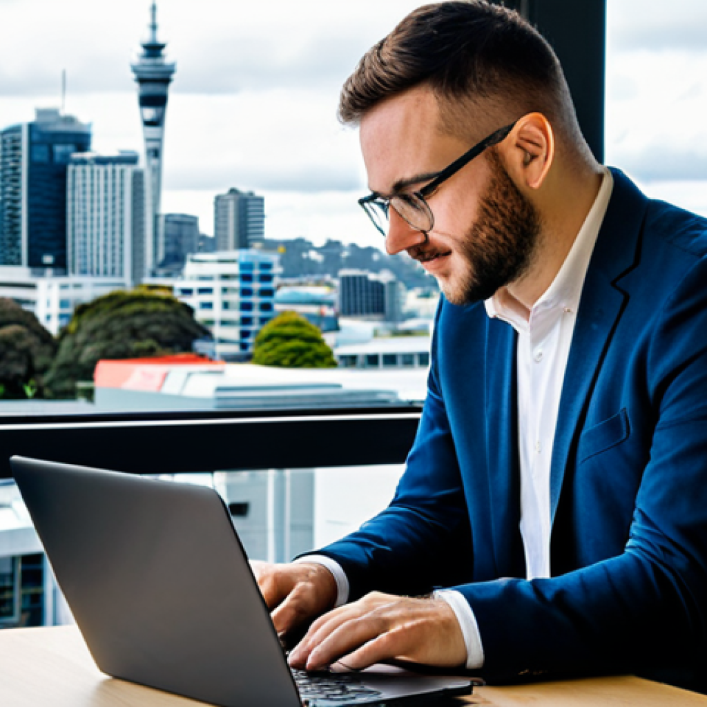 뉴질랜드에서 재택 근무 가능한 직업 - Professional in Tech, Auckland Backdrop**

"A software engineer, fully clothed in business casual at...