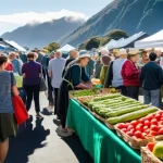 뉴질랜드 로컬 마켓 및 재래시장 - **Vibrant New Zealand Farmers Market Morning:** A bustling outdoor farmers market on a sunny Saturda...