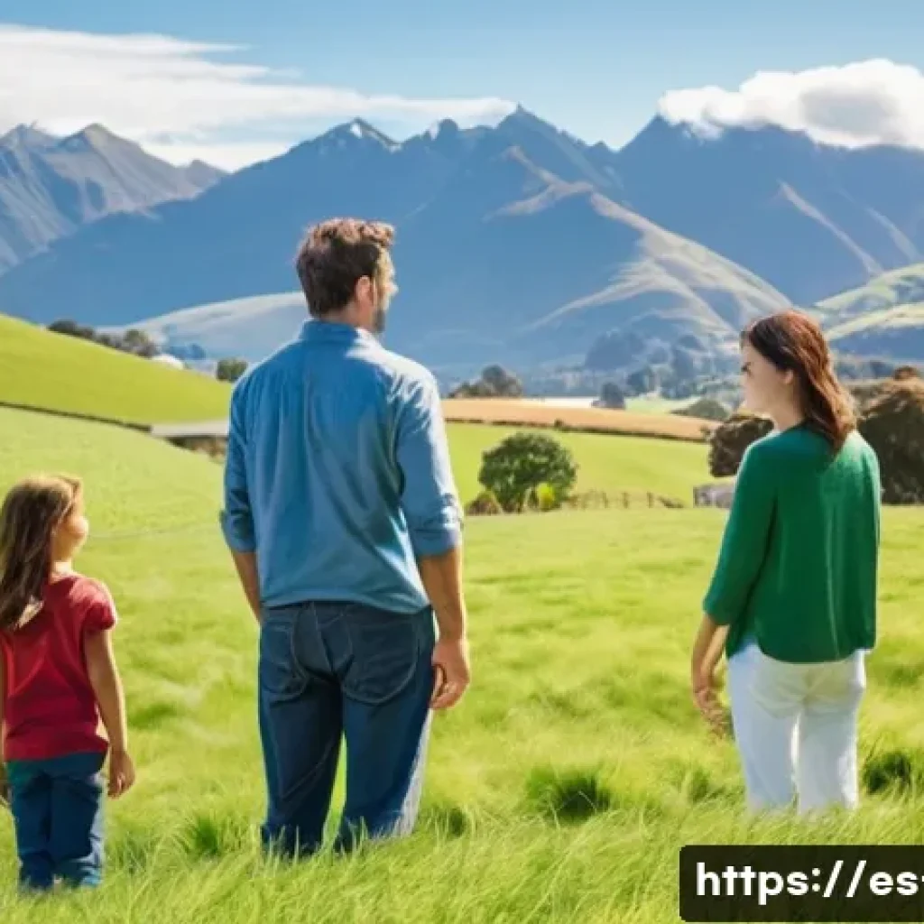 뉴질랜드에서 나만의 농장 운영하기 - **Prompt:** A diverse family (father, mother, and a pre-teen child) stands on a gently rolling green...