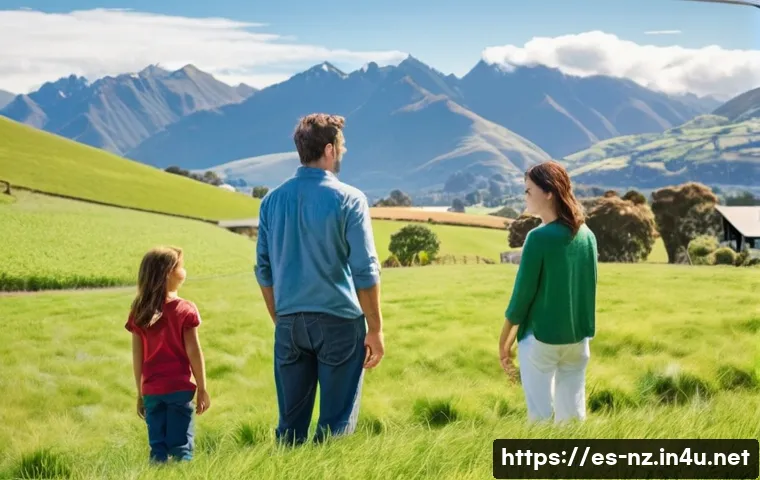 뉴질랜드에서 나만의 농장 운영하기 - **Prompt:** A diverse family (father, mother, and a pre-teen child) stands on a gently rolling green...