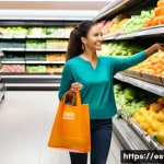 뉴질랜드에서 플라스틱 사용 제한 정책 - A vibrant New Zealand supermarket scene showing diverse shoppers carrying colorful reusable cloth ba...