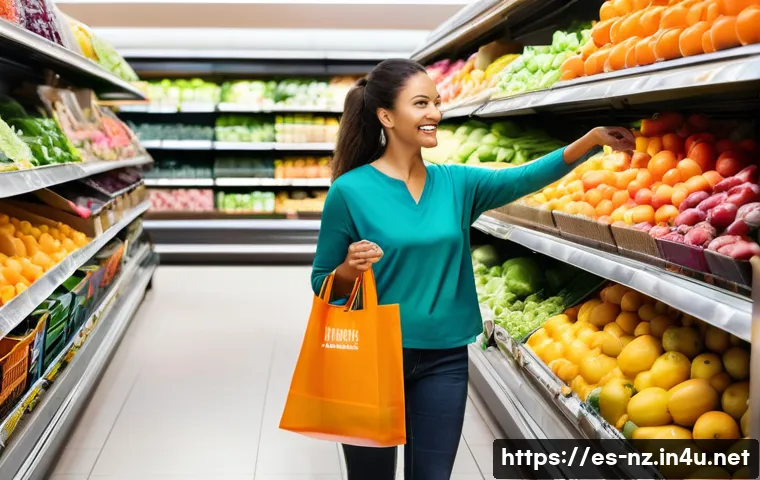 뉴질랜드에서 플라스틱 사용 제한 정책 - A vibrant New Zealand supermarket scene showing diverse shoppers carrying colorful reusable cloth ba...