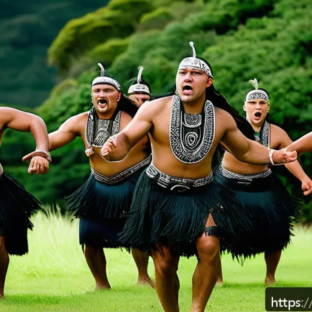 뉴질랜드 마오리 하카 Haka 문화 - A group of Maori performers in traditional attire, including piupiu skirts and woven cloaks, perform...