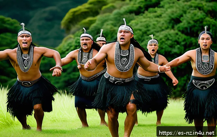 뉴질랜드 마오리 하카 Haka  문화 - A group of Maori performers in traditional attire, including piupiu skirts and woven cloaks, perform...