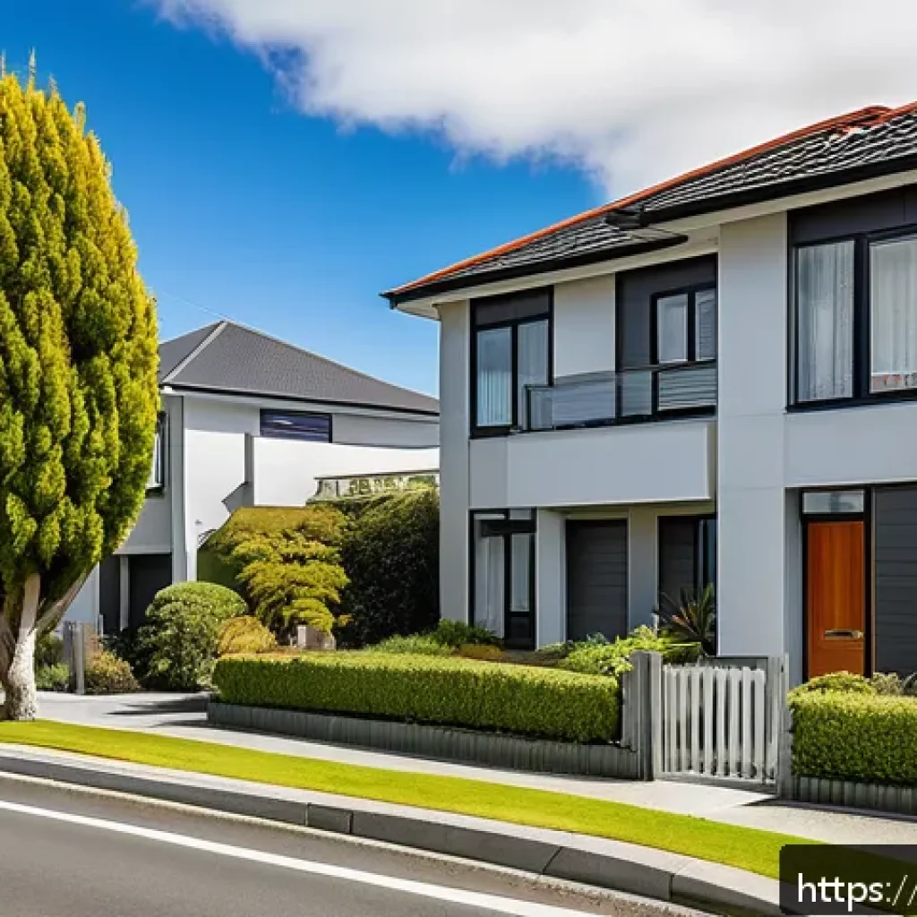 뉴질랜드에서 집을 살 때 고려할 점 - A modern New Zealand suburban neighborhood scene during daytime, showcasing a variety of detached ho...