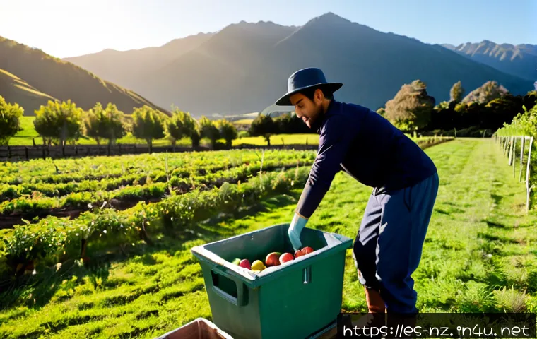 뉴질랜드에서 농장일  Seasonal Work  경험 - Photorealistic seasonal farm work in New Zealand, a Spanish-speaking young adult worker in practical...