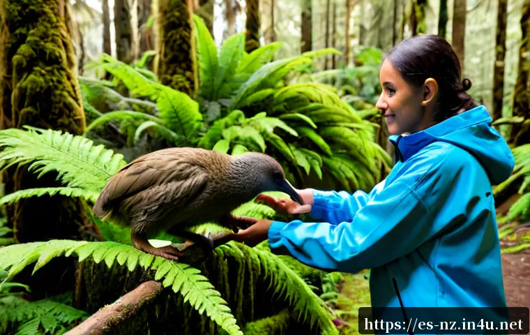 뉴질랜드에서 야생동물 보호 봉사활동 참여 - Photorealistic wildlife conservation volunteer in New Zealand, a Spanish-speaking adult traveler in ...